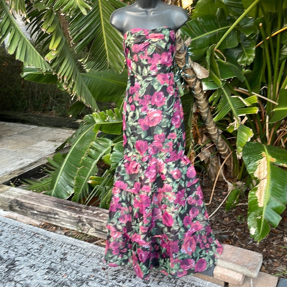 strapless dark floral trumpet gown